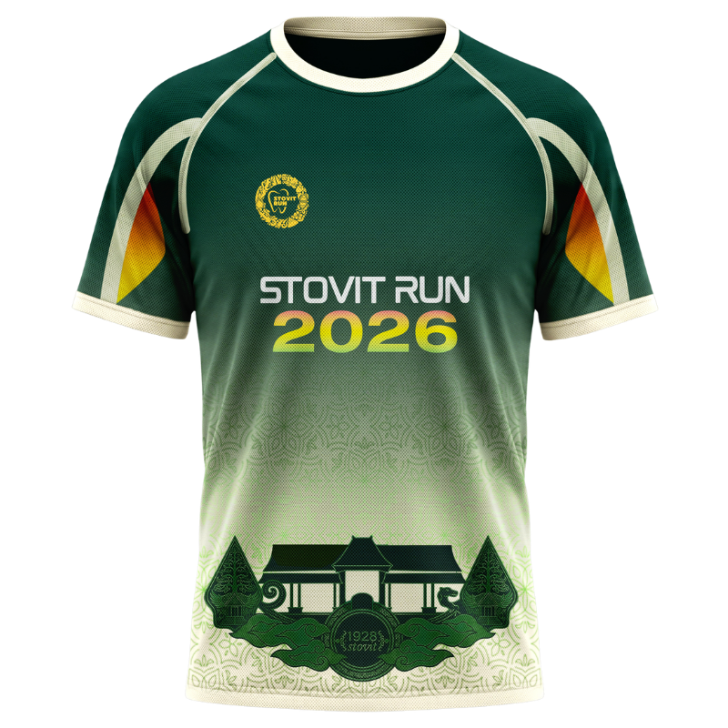 Jersey resmi STOVIT RUN 2026 berwarna hijau dengan motif heritage